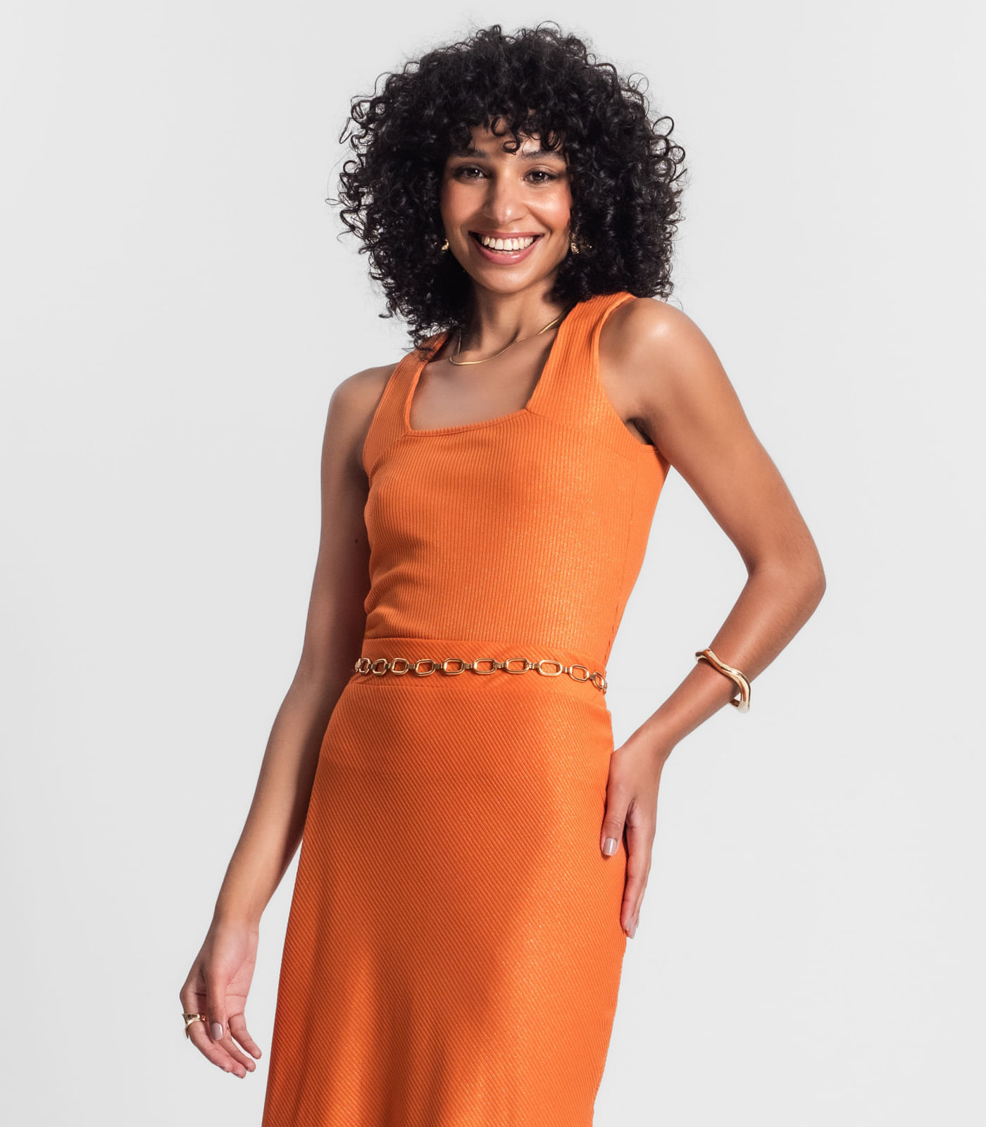 Regata Feminina Em Ribana Canelada Lurex Rovitex Laranja