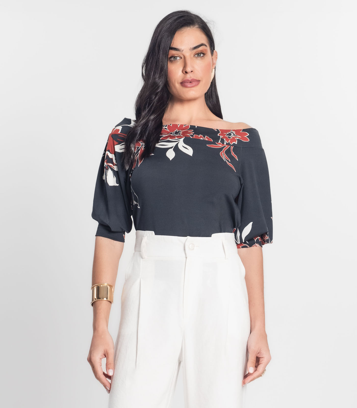 Blusa Feminina Manga Curta Estampada Donna Preto