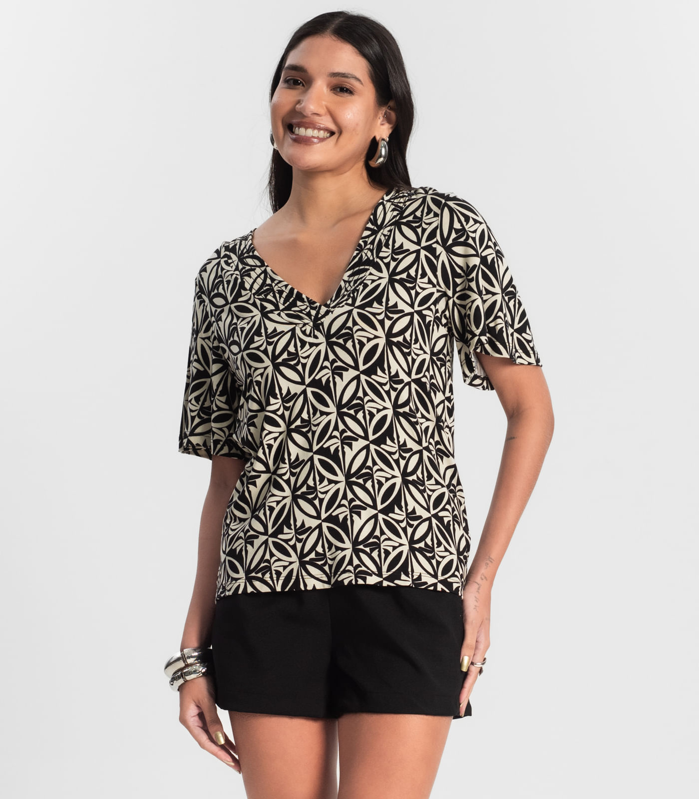 Blusa Feminina Estampada Godê Preto